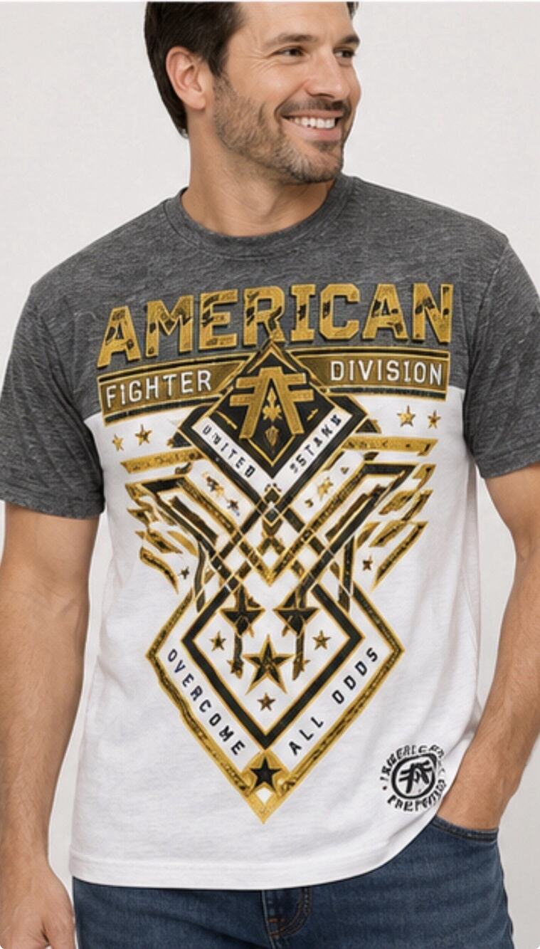 American Fighter Mens XXL T Shirt Gray White Yellow Graphic MMA Style Tee